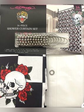 Ed Hardy 14-pc Shower Curtain Set Black White Block Skull Roses Hooks 72x72 NWT